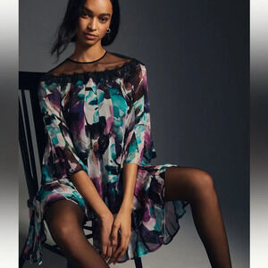 Anthropologie Women’s Flutter Sleeve Dress Whimsigoth Fairy Grunge Watercolor L